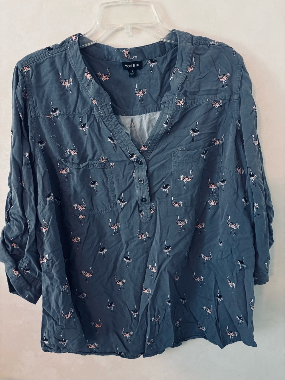 Torrid Harper Gray Ostrich Twill Pullover 3/4 Tab Sleeve Tunic Top 3X